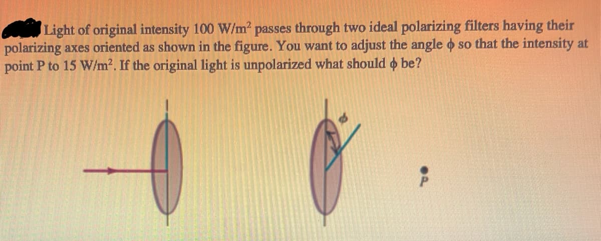 Light of original intensity 100 W/m2 passes through two ideal polarizing filters having their
polarizing axes oriented as shown in the figure. You want to adjust the angle o so that the intensity at
point P to 15 W/m2. If the original light is unpolarized what should o be?
