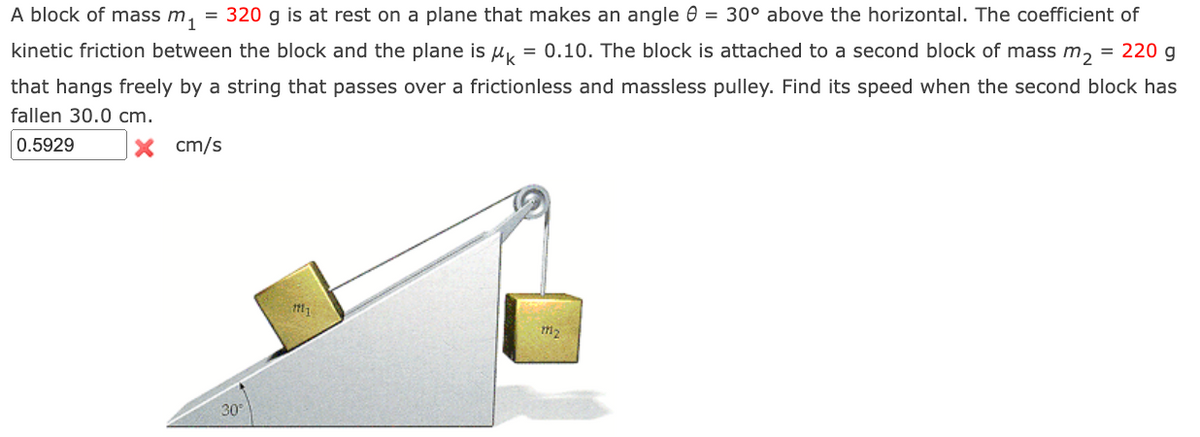 A block of mass m₁
= 320 g is at rest on a plane that makes an angle 0 = 30° above the horizontal. The coefficient of
kinetic friction between the block and the plane is "k = 0.10. The block is attached to a second block of mass m₂ = 220 g
that hangs freely by a string that passes over a frictionless and massless pulley. Find its speed when the second block has
fallen 30.0 cm.
0.5929
X cm/s
30°
111₁
m2