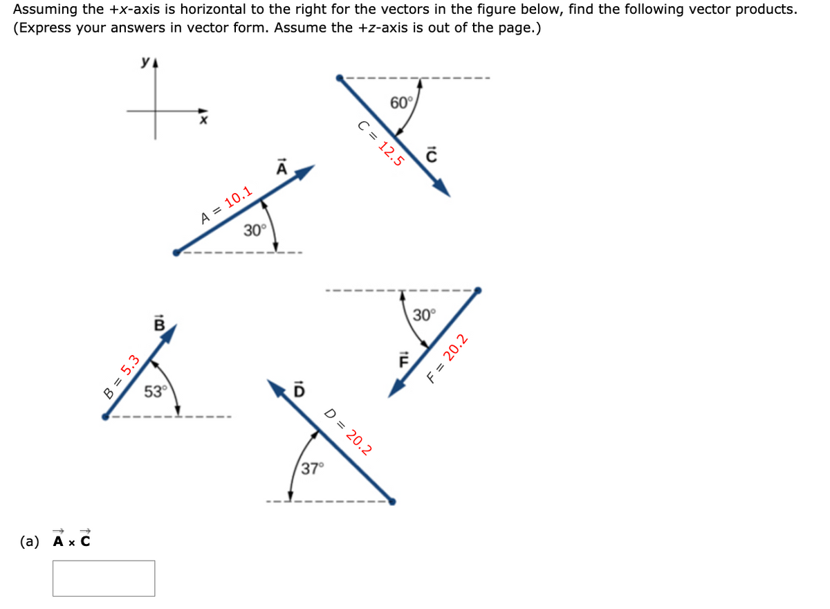 Assuming the +x-axis is horizontal to the right for the vectors in the figure below, find the following vector products.
(Express your answers in vector form. Assume the +z-axis is out of the page.)
(a) Ax C
YA
B = 5.3
53°
A = 10.1
30°
A
D
37°
C = 12.5
60°
D = 20.2
ILL
Ć
30°
F = 20.2