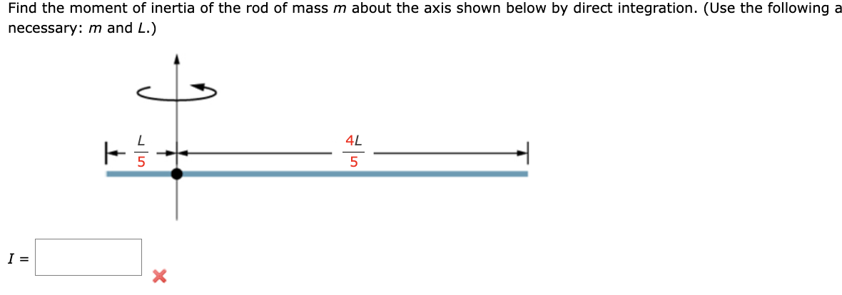 Find the moment of inertia of the rod of mass m about the axis shown below by direct integration. (Use the following a
necessary: m and L.)
I =
L
| //
4L
5