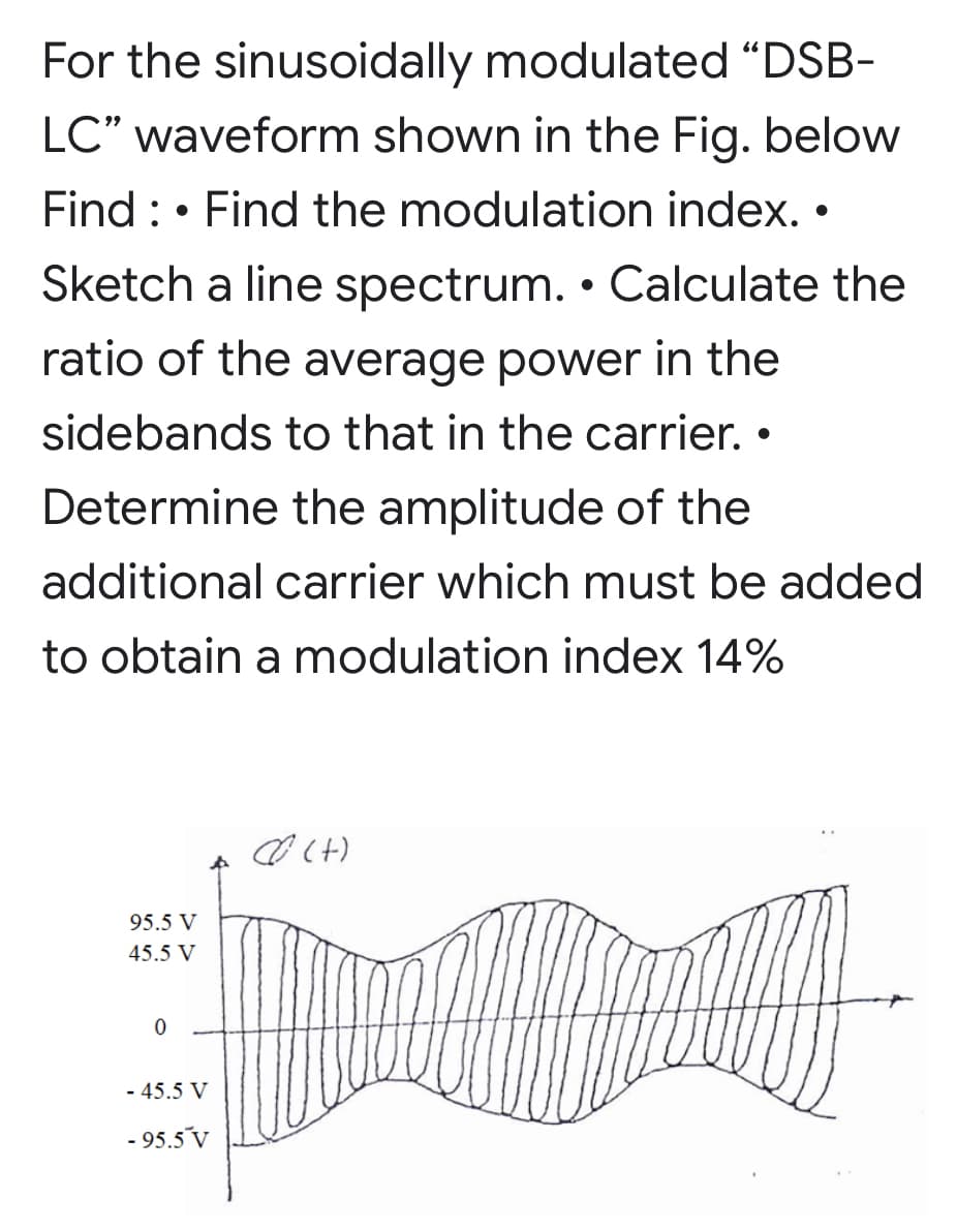 For the sinusoidally modulated “DSB-
LC" waveform shown in the Fig. below
Find :• Find the modulation index. •
Sketch a line spectrum. • Calculate the
ratio of the average power in the
sidebands to that in the carrier.
Determine the amplitude of the
additional carrier which must be added
to obtain a modulation index 14%
95.5 V
45.5 V
- 45.5 V
- 95.5 v
