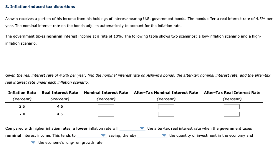 8. Inflation-induced tax distortions
Ashwin receives a portion of his income from his holdings of interest-bearing U.S. government bonds. The bonds offer a real interest rate of 4.5% per
year. The nominal interest rate on the bonds adjusts automatically to account for the inflation rate.
The government taxes nominal interest income at a rate of 10%. The following table shows two scenarios: a low-inflation scenario and a high-
inflation scenario.
Given the real interest rate of 4.5% per year, find the nominal interest rate on Ashwin's bonds, the after-tax nominal interest rate, and the after-tax
real interest rate under each inflation scenario.
Inflation Rate Real Interest Rate Nominal Interest Rate After-Tax Nominal Interest Rate
(Percent)
(Percent)
(Percent)
(Percent)
2.5
4.5
7.0
4.5
Compared with higher inflation rates, a lower inflation rate will
nominal interest income. This tends to
the economy's long-run growth rate.
saving, thereby
After-Tax Real Interest Rate
(Percent)
the after-tax real interest rate when the government taxes
the quantity of investment in the economy and