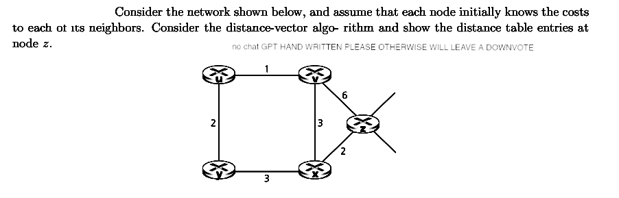 Consider the network shown below, and assume that each node initially knows the costs
to each of its neighbors. Consider the distance-vector algo- rithm and show the distance table entries at
node z.
no chat GPT HAND WRITTEN PLEASE OTHERWISE WILL LEAVE A DOWNVOTE
N
3
3
6