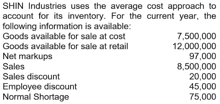 SHIN Industries uses the average cost approach to
account for its inventory. For the current year, the
following information is available:
Goods available for sale at cost
7,500,000
12,000,000
97,000
8,500,000
20,000
45,000
75,000
Goods available for sale at retail
Net markups
Sales
Sales discount
Employee discount
Normal Shortage
