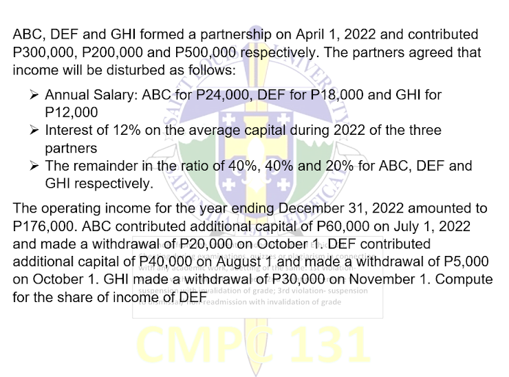 ABC, DEF and GHI formed a partnership on April 1, 2022 and contributed
P300,000, P200,000 and P500,000 respectIVERS
The partners agreed that
income will be disturbed as
as follows:
Annual Salary: ABC for P24,000, DEF for P18,000 and GHI for
P12,000
▸ Interest of 12% on the average capital during 2022 of the three
partners
➤ The remainder in the ratio of 40%, 40% and 20% for ABC, DEF and
GHI respectively.
The operating income for the year ending December 31, 2022 amounted to
P176,000. ABC contributed additional capital of P60,000 on July 1, 2022
and made a withdrawal of P20,000 on October 1h DEF contributed
additional capital of P40,000 on August 1 and made a withdrawal of P5,000
on October 1. GHI made a withdrawal of P30,000 on November 1. Compute
for the share of income of DEF
validation of grade; 3rd violation- suspension
DETreadmission with invalidation of grade
131
VERS-1502