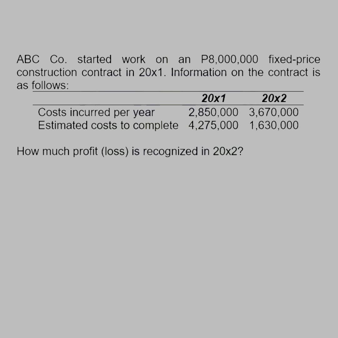 ABC Co. started work on an P8,000,000 fixed-price
construction contract in 20x1. Information on the contract is
as follows:
20x2
20x1
2,850,000 3,670,000
Costs incurred per year
Estimated costs to complete 4,275,000 1,630,000
How much profit (loss) is recognized in 20x2?