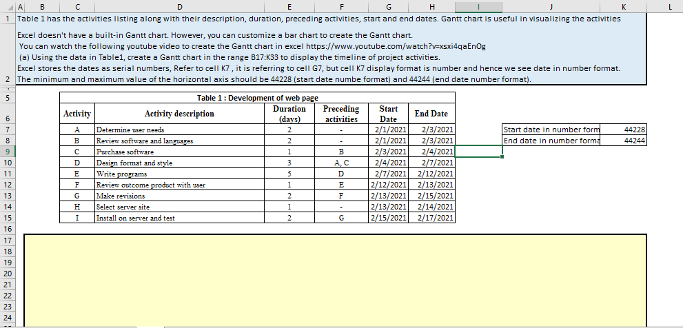 D
E
F
G
A в с
H
J
1 Table 1 has the activities listing along with their description, duration, preceding activities, start and end dates. Gantt chart is useful in visualizing the activities
Excel doesn't have a built-in Gantt chart. However, you can customize a bar chart to create the Gantt chart.
You can watch the following youtube video to create the Gantt chart in excel https://www.youtube.com/watch?v=xsxi4qaEnOg
(a) Using the data in Table1, create a Gantt chart in the range B17:K33 to display the timeline of project activities.
Excel stores the dates as serial numbers, Refer to cell K7, it is referring to cell G7, but cell K7 display format is number and hence we see date in number format.
2 The minimum and maximum value of the horizontal axis should be 44228 (start date numbe format) and 44244 (end date number format).
5
6
7
8
9
10
11
12
13
14
15
16
17
18
19
20
21
22
23
24
Activity
A
B
с
D
E
=
F
G
H
I
Table 1: Development of web page
Duration
(days)
2
=
2
Activity description
Determine user needs
Review software and languages
Purchase software
Design format and style
Write programs
Review outcome product with user
Make revisions
Select server site
Install on server and test
→
1
=
3
-
5
=
1
2
1
2
Preceding
activities
-
=
B
A, C
D
E
F
-
G
Start
Date
2/1/2021
2/1/2021
2/3/2021
crvjever
2/4/2021
HI
2/7/2021
2/12/2021
End Date
2/13/2021
2/15/2021
2/3/2021
2/3/2021
2/4/2021
2/7/2021
2/12/2021
2/13/2021
2/13/2021 2/15/2021
2/14/2021
2/17/2021
Start date in number forml
End date in number forma
K
44228
44244
L