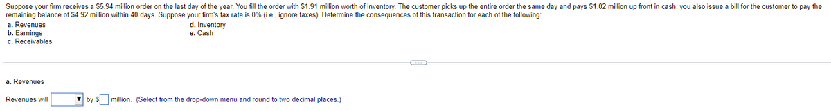 Suppose your firm receives a $5.94 million order on the last day of the year. You fill the order with $1.91 million worth of inventory. The customer picks up the entire order the same day and pays $1.02 million up front in cash; you also issue a bill for the customer to pay the
remaining balance of $4.92 million within 40 days. Suppose your firm's tax rate is 0% (i.e., ignore taxes). Determine the consequences of this transaction for each of the following:
a. Revenues
b. Earnings
c. Receivables
a. Revenues
Revenues will
d. Inventory
e. Cash
by $ million. (Select from the drop-down menu and round to two decimal places.)