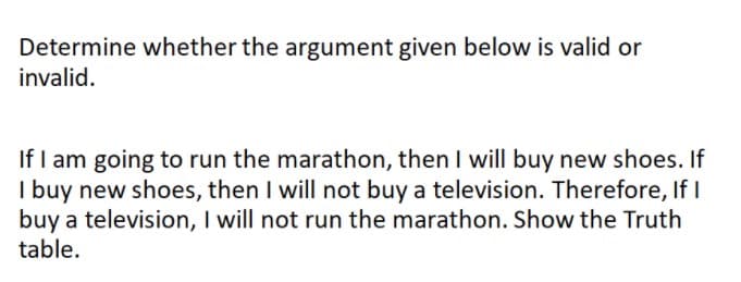 Determine whether the argument given below is valid or
invalid.
If I am going to run the marathon, then I will buy new shoes. If
I buy new shoes, then I will not buy a television. Therefore, If I
buy a television, I will not run the marathon. Show the Truth
table.
