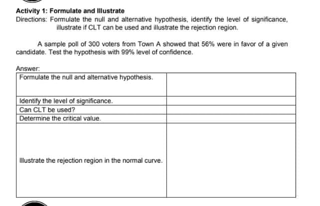 Activity 1: Formulate and Illustrate
Directions: Formulate the null and alternative hypothesis, identify the level of significance,
illustrate if CLT can be used and illustrate the rejection region.
A sample poll of 300 voters from Town A showed that 56% were in favor of a given
candidate. Test the hypothesis with 99% level of confidence.
Answer:
Formulate the null and alternative hypothesis.
Identify the level of significance.
Can CLT be used?
Determine the critical value.
Illustrate the rejection region in the normal curve.
