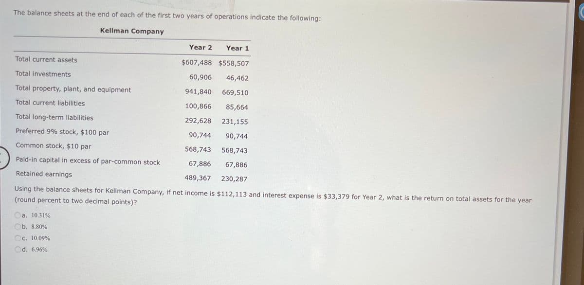 The balance sheets at the end of each of the first two years of operations indicate the following:
Kellman Company
Year 2 Year 1
Total current assets
$607,488 $558,507
Total investments
60,906 46,462
Total property, plant, and equipment
941,840
669,510
Total current liabilities
100,866 85,664
Total long-term liabilities
292,628 231,155
Preferred 9% stock, $100 par
90,744 90,744
Common stock, $10 par
568,743
568,743
Paid-in capital in excess of par-common stock
67,886
67,886
Retained earnings
489,367
230,287
Using the balance sheets for Kellman Company, if net income is $112,113 and interest expense is $33,379 for Year 2, what is the return on total assets for the year
(round percent to two decimal points)?
a. 10.31%
b. 8.80%
Oc. 10.09%
Od. 6.96%