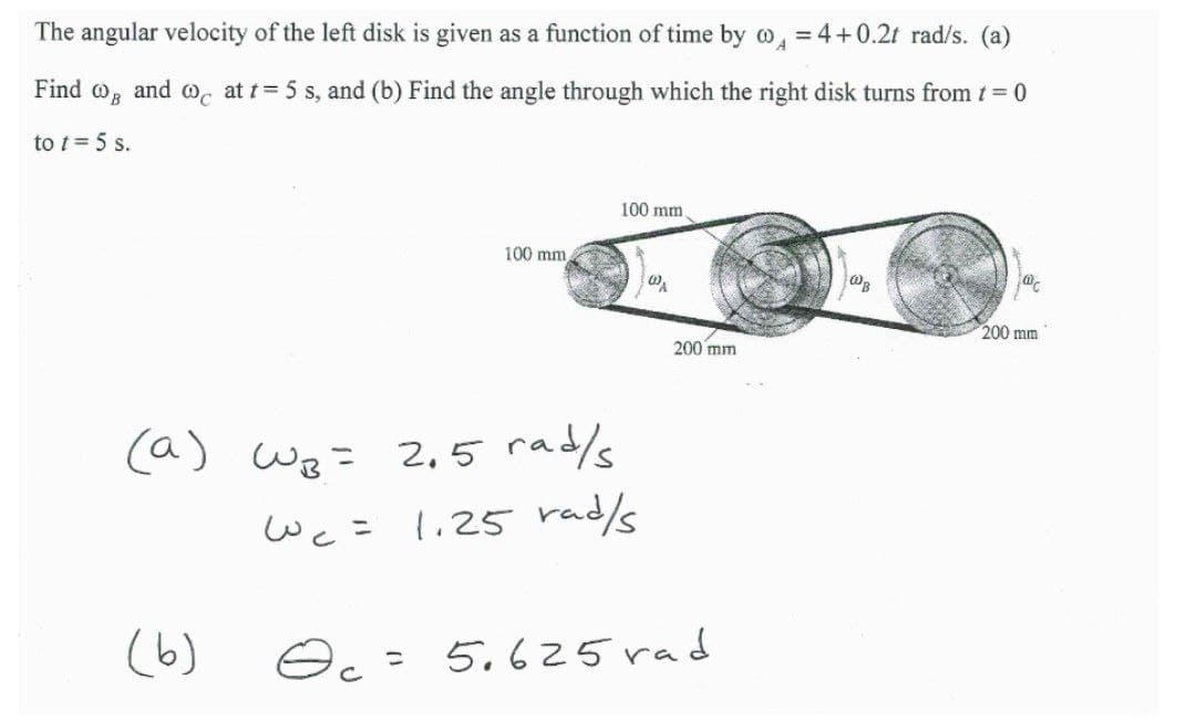 The angular velocity of the left disk is given as a function of time by o, = 4+0.2f rad/s. (a)
Find
and
@, at t = 5 s, and (b) Find the angle through which the right disk turns from t = 0
to t = 5 s.
100 mm
100 mm
200 mm
200 mm
(a) we = 2,5 rad/s
Wc= l,25 rad/s
(6)
Oc= 5.625 rad
