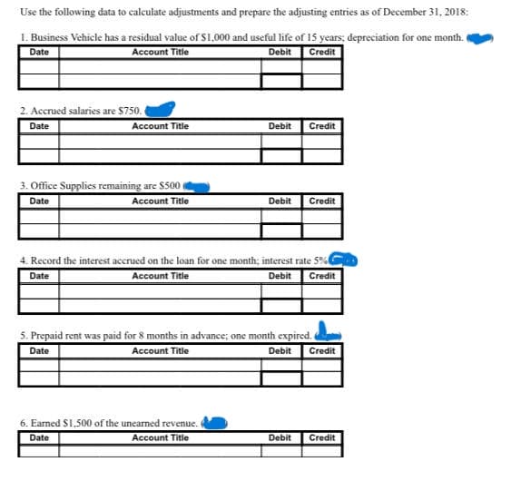 Use the following data to calculate adjustments and prepare the adjusting entries as of December 31, 2018:
I. Business Vehicle has a residual value of S1,000 and useful life of 15 years; depreciation for one month.
Date
Account Title
Debit
Credit
2. Accrued salaries are $750.
Date
Account Title
Debit
Credit
3. Office Supplies remaining are $500
Date
Account Title
Debit
Credit
4. Record the interest accrued on the loan for one month; interest rate 5%
Credit
Date
Account Title
Debit
5. Prepaid rent was paid for 8 months in advance; one month expired.
Date
Account Title
Debit
Credit
6. Earned S1,500 of the unearned revenue.
Date
Account Title
Debit
Credit
