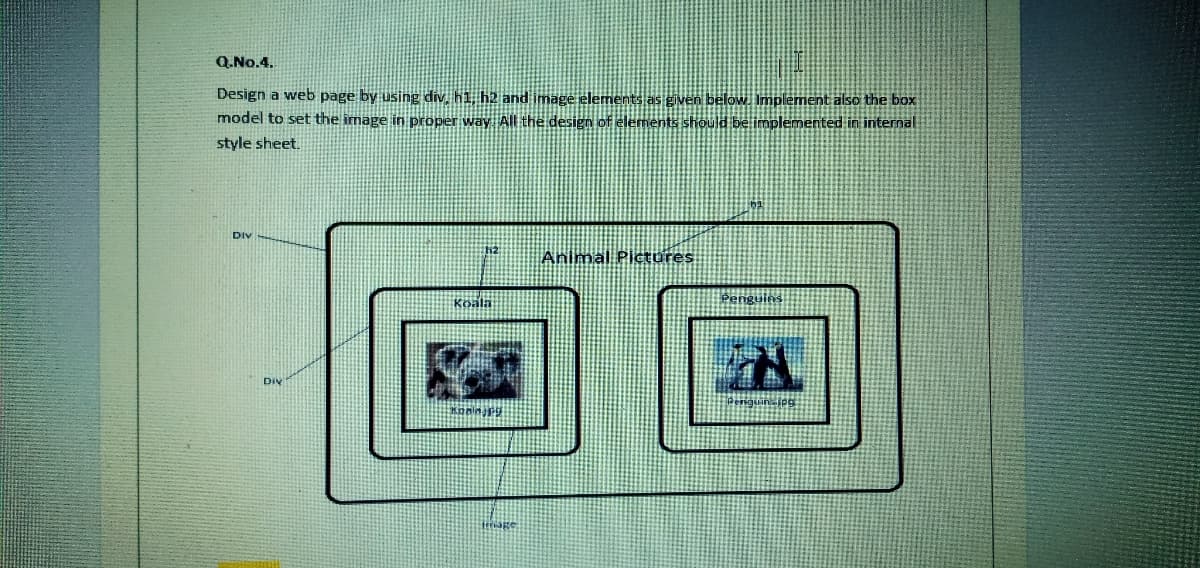 Q.No.4.
Design a web page by using div, h1, h2 and image elements as given below. Implement also the box
model to set the image in proper way All the design of elements should be implemented in iternal
style sheet.
DIV
Animal Pictures
Koala
Penguins
DIN
tmage
