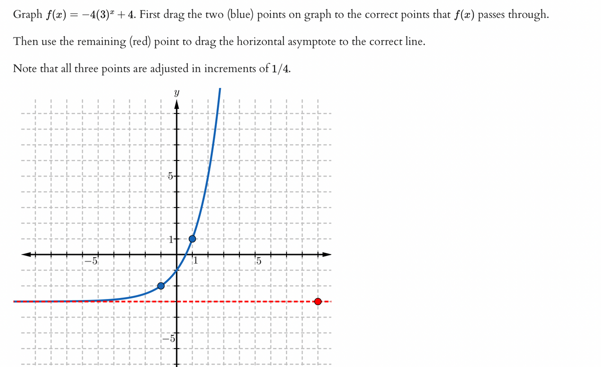 Graph f(x) = -4(3)² + 4. First drag the two (blue) points on graph to the correct points that f(x) passes through.
Then use the remaining (red) point to drag the horizontal asymptote to the correct line.
Note that all three points are adjusted in
adjusted
in
increments of 1/4.
I
1
1
I
--L
1
1
7
I
I
J
I
1
I
1
I
1
7
1
-
1
I
I
I
I
1
1
1
I
1
I
I
+--+-----|---
I
1
----
I
1
1
1
1
I
I
+=
1
1
|
1
"
1
I
1
1
-
1
JA
I
1
------ --T
1
1
I
I
I
1
I
1
I
1
1
I
I
I
I
I
I
1
1
1
I
I
---+--------|-----
I
I
1
I
1
I
1
I
I
1
1
I
I
T
I
L
I
|
1
I
I
1
I
1
I
1
I
I
I
L
I
1
I
I
1
1
M
I
1
I
1
I
I
I
1
——————
I
I
I
1
I
I
1
-
|
1
-
I
1
1
1
I
1
I
1
---
I
I
I
I
1
I
J
1
--- T
I
I
I
I
I
1
----
1
1
1
1
1
|
1
I
I
"
Ja
1
I
TIL ===
|
1
T
1
1
1
1
1
+==+
+-
1
I
1
1
1
1
I
I
|
T
I
1
1
↓
I
I
I
1
I
I
1
T
I
1
I
L
1
1
------
I
1
I
L
I
I
↓ -
1
1
1
I
I
1
1
I
1
1
1
1
I
I
I
I
1
CL
1
1
1
1
1
Y
1
1
1
1
1
I
1
1
1
I
I
I
1
I
1
I
1
I
1
1
1
1
1
1
1
1
I
I
1
|
1
1
=+
I
1
1
L
I
I
I
L__L‒‒‒‒|__L ________
I
I
+--T- -|-
I
I
I
+--
1
1
1
I
I
|
L
I
I
↓
1
1
1
I
I
I
|
I
I
L
I
I
I
I
I
1
L
I
I
I
1
I
I
I
1
I
1
I
I
I
I
I
I
I
I
+--+-----|-----+--+--T
|-----
I
1
I
1
I
I
"
I
1
----
I
I
I
I
I
|
I
1
I
"
I
I
|
1
I
J.
I
1.
1
I
L ________
1
I
1
I
I
I
1
1
1
--
I
1
1
1
I
1
I
I
---- ---
I
I
I
I
=
1
1
I
---↑
I
|
I
I
I
-
I
I
--|--4--4
I
1
I
I
+--
1
-
I
T
1
I
1
I
I
1
1
I
I
I
1
I
I
1
I
I
[
I
L
I
L
I
I
----
I
ī
I
T