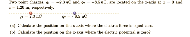 Two point charges, q1 = +2.3 nC and q2 =
x = 1.20 m, respectively.
-8.5 nC, are located on the x-axis at r = 0 and
91 = 2.3 nC
92 = - 8.5 nC
(a) Calculate the position on the x-axis where the electric force is equal zero.
(b) Calculate the position on the x-axis where the electric potential is zero?
