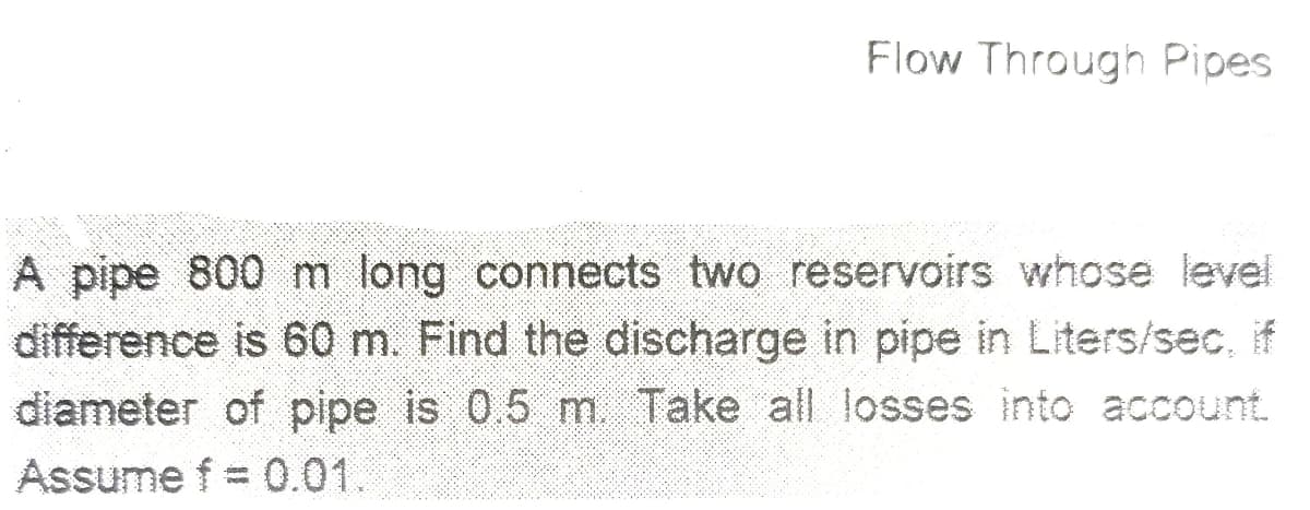 Flow Through Pipes
A pipe 800 m long connects two reservoirs whose level
difference is 60 m. Find the discharge in pipe in Liters/sec, if
diameter of pipe is 0.5 m Take all losses into account.
Assume f = 0.01.
