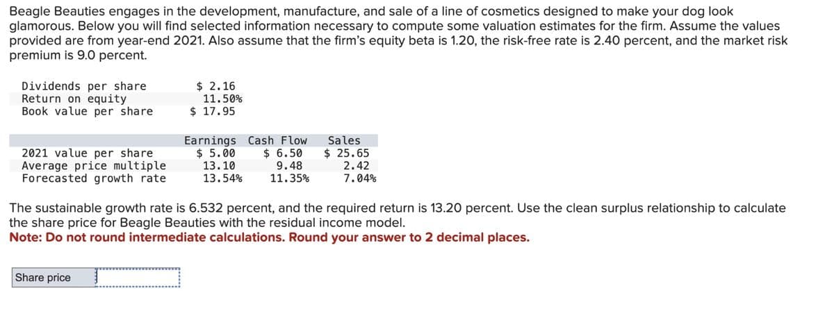 Beagle Beauties engages in the development, manufacture, and sale of a line of cosmetics designed to make your dog look
glamorous. Below you will find selected information necessary to compute some valuation estimates for the firm. Assume the values
provided are from year-end 2021. Also assume that the firm's equity beta is 1.20, the risk-free rate is 2.40 percent, and the market risk
premium is 9.0 percent.
Dividends per share
Return on equity
Book value per share
2021 value per share
Average price multiple
Forecasted growth rate
$ 2.16
11.50%
$ 17.95
Earnings Cash Flow
$ 5.00
13.10
13.54%
$ 6.50
9.48
11.35%
Sales
$ 25.65
2.42
7.04%
The sustainable growth rate is 6.532 percent, and the required return is 13.20 percent. Use the clean surplus relationship to calculate
the share price for Beagle Beauties with the residual income model.
Note: Do not round intermediate calculations. Round your answer to 2 decimal places.
Share price