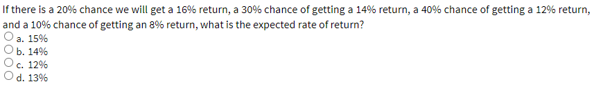 If there is a 20% chance we will get a 16% return, a 30% chance of getting a 14% return, a 40% chance of getting a 12% return,
and a 10% chance of getting an 8% return, what is the expected rate of return?
O a. 15%
b. 14%
c. 12%
O d. 13%