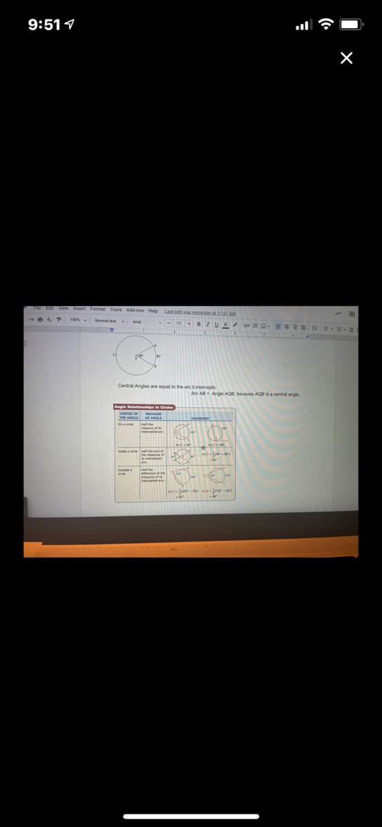 9:51 1
Fe tat View Insert Format Tools Add-ons Help Last.edtwas vestenday at 11:42 AM
100% - Normal test
Arial
Central Angles are equal to the arc it interoaots.
Are AB Ange AQB, because AOB is a central angle.
Angle Relatienships la Creles
VERTN OF MEASU
On e
Outide
