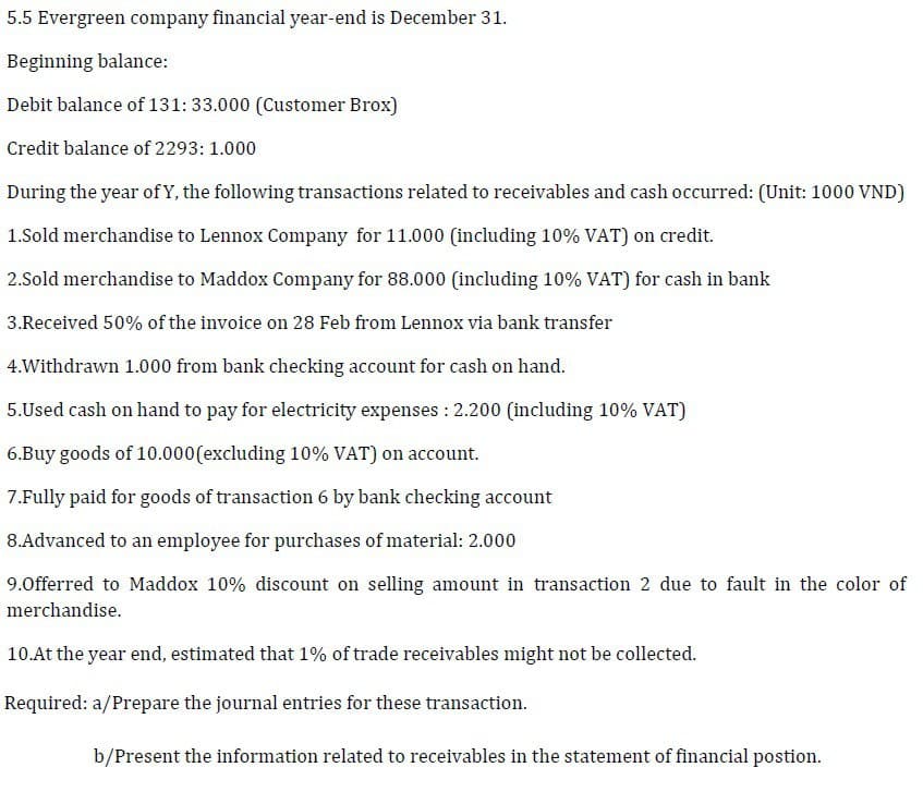 5.5 Evergreen company financial year-end is December 31.
Beginning balance:
Debit balance of 131: 33.000 (Customer Brox)
Credit balance of 2293: 1.000
During the year of Y, the following transactions related to receivables and cash occurred: (Unit: 1000 VND)
1.Sold merchandise to Lennox Company for 11.000 (including 10% VAT) on credit.
2.Sold merchandise to Maddox Company for 88.000 (including 10% VAT) for cash in bank
3.Received 50% of the invoice on 28 Feb from Lennox via bank transfer
4.Withdrawn 1.000 from bank checking account for cash on hand.
5.Used cash on hand to pay for electricity expenses : 2.200 (including 10% VAT)
6.Buy goods of 10.000(excluding 10% VAT) on account.
7.Fully paid for goods of transaction 6 by bank checking account
8.Advanced to an employee for purchases of material: 2.000
9.0fferred to Maddox 10% discount on selling amount in transaction 2 due to fault in the color of
merchandise.
10.At the year end, estimated that 1% of trade receivables might not be collected.
Required: a/Prepare the journal entries for these transaction.
b/Present the information related to receivables in the statement of financial postion.
