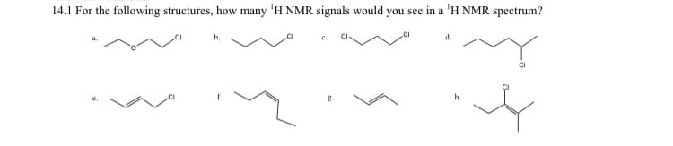 14.1 For the following structures, how many 'H NMR signals would you see in a 'H NMR spectrum?
Y
b.
f.
C.
CI
d.
h