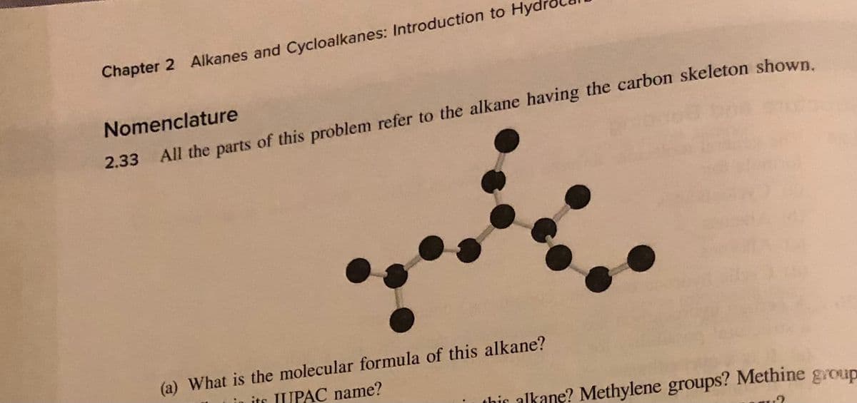 Chapter 2 Alkanes and Cycloalkanes: Introduction to Hy
Nomenclature
All the parts of this problem refer to the alkane having the carbon skeleton shown.
(a) What is the molecular formula of this alkane?
in its IPAC name?
thir alkane? Methylene groups? Methine group