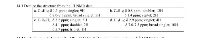 14.3 Deduce the structure from the 'H NMR data.
a. C₁0H14; 8 1.3 ppm; singlet; 9H
8 7.0-7.5 ppm; broad singlet; 5H
c. C4H6Cl₂; 8 2.2 ppm; singlet; 3H
84.1 ppm; doublet; 2H
8 5.7 ppm; triplet; IH
CUOLD
b. C6H14; 8 0.8 ppm; doublet; 12H
8 1.4 ppm; septet; 2H
d. C14H14; 8 2.9 ppm; singlet; 4H
8 7.0-7.5 ppm; broad singlet; 10H
Ju Man