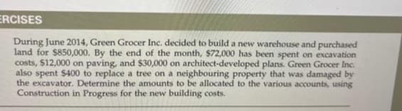 ERCISES
During June 2014, Green Grocer Inc. decided to build a new warehouse and purchased
land for $850,000. By the end of the month, $72,000 has been spent on excavation
costs, $12,000 on paving, and $30,000 on architect-developed plans. Green Grocer Inc.
also spent $400 to replace a tree on a neighbouring property that was damaged by
the excavator. Determine the amounts to be allocated to the various accounts, using
Construction in Progress for the new building costs.