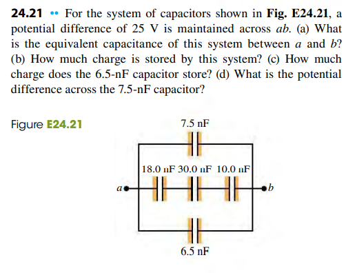 24.21 • For the system of capacitors shown in Fig. E24.21, a
potential difference of 25 V is maintained across ab. (a) What
is the equivalent capacitance of this system between a and b?
(b) How much charge is stored by this system? (c) How much
charge does the 6.5-nF capacitor store? (d) What is the potential
difference across the 7.5-nF capacitor?
Figure E24.21
7.5 nF
18.0 nF 30.0 nF 10.0 nF
HHHH
a
6.5 nF
