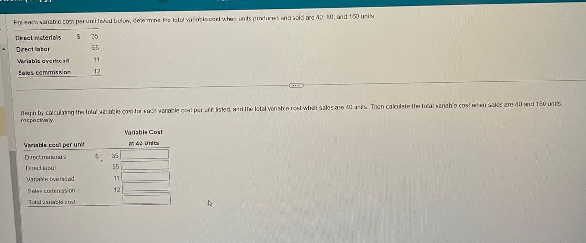 For each variable cost per unit listed below, determine the total variable cost when units produced and sold are 40, 80, and 160 units.
Direct materials
$
35
Direct labor
55
Variable overhead
Sales commission
11
12
Begin by calculating the total variable cost for each variable cost per unit listed, and the total variable cost when sales are 40 units. Then calculate the total variable cost when sales are 80 and 160 units,
respectively
Variable cost per unit
Variable Cost
at 40 Units
Direct materials
Direct labor
Variable overhead
$
35
55
11
Sales commission
12
Total variable cost