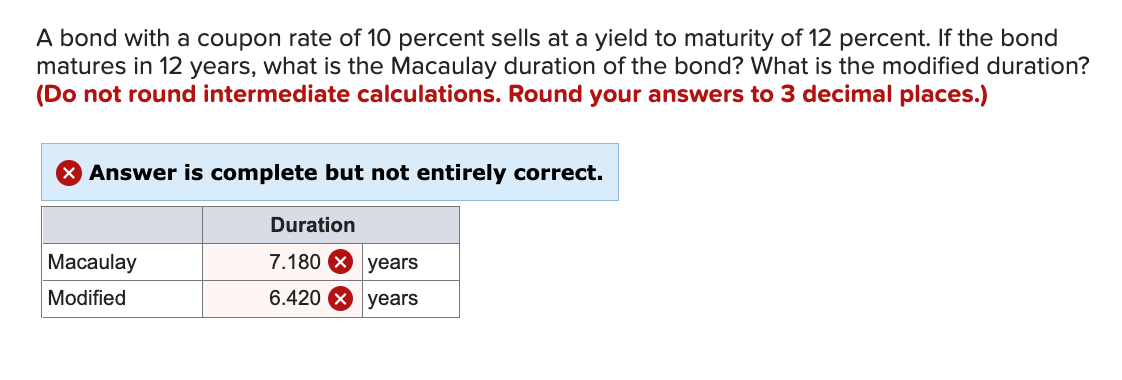 A bond with a coupon rate of 10 percent sells at a yield to maturity of 12 percent. If the bond
matures in 12 years, what is the Macaulay duration of the bond? What is the modified duration?
(Do not round intermediate calculations. Round your answers to 3 decimal places.)
Answer is complete but not entirely correct.
Duration
Macaulay
7.180 X years
Modified
6.420 X years
