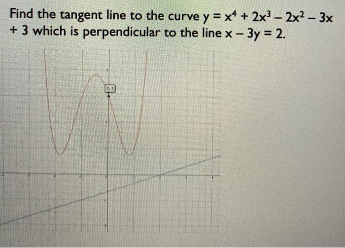 Find the tangent line to the curve y = x* + 2x³ – 2x2 – 3x
+ 3 which is perpendicular to the line x - 3y = 2.
