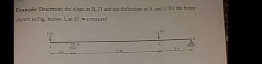 Example: Determine the slope at B, D and the deflection at A and C for the beam
shown in Fig. below. Use El = constant
