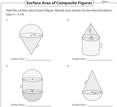 (Surface Area of Composite Figures
Sheet 1
Find the surface area of each figure. Round your answer to two decimal places.
(use n= 3.14)
1)
2)
Iyd
Surface Area =
Surface Area =
3)
4)
Surface Area =
Surface Area =
pA EL
19
