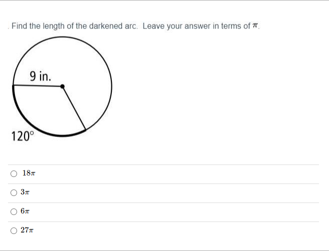 Find the length of the darkened arc. Leave your answer in terms of T.
9 in.
120°
187
67
27T
