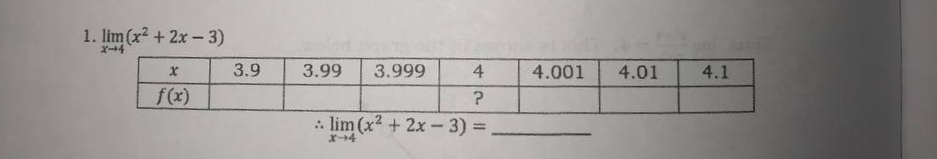 1. lim (x2 + 2x -3)
X-4
3.9
3.99
3.999
4
4.001
4.01
4.1
f(x)
:: lim (x2 + 2x - 3) 3D
X-4
