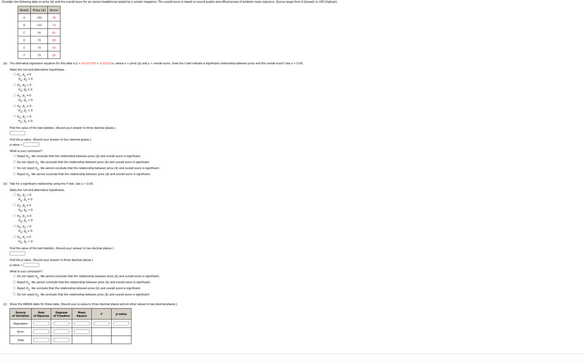 ### Analysis of Price and Overall Score Data for Stereo Headphones

Consider the following data on price (\(x\)) and the overall score for six stereo headphones tested by a certain magazine. The overall score is based on sound quality and effectiveness of ambient noise reduction. Scores range from 0 (lowest) to 100 (highest).

| Brand | Price (\(x\)) | Score (\(y\)) |
|-------|-------------|-----------|
| A     | 150         | 93        |
| B     | 160         | 76        |
| C     | 170         | 73        |
| D     | 190         | 80        |
| E     | 70          | 91        |
| F     | 35          | 46        |

#### Estimating a Regression Equation

The estimated regression equation for this data is:
\[ \hat{y} = 34.27979 + 0.397292x \]

where \( \hat{y} \) = predicted \(y\) (the overall score), and \(x\) = price. 

**Question: Does the test indicate a significant relationship between price and overall score? Use \(\alpha = 0.05\).**

##### Hypothesis Testing for Slope (\( \beta_1 \))

State the null and alternative hypotheses:
\[ H_0: \beta_1 = 0 \]
\[ H_a: \beta_1 \neq 0 \]

1. **Find the value of the test statistic.** (Round your answer to three decimal places.)

   Test statistic (\( t_{\text{stat}} \)) = ________

2. **Find the \( p \)-value.** (Round your answer to four decimal places.)

   \( p \)-value = ________

3. **Conclusion:**

   - **Reject \(H_0\)**: We conclude that the relationship between price (\(x\)) and overall score is significant.
   - **Do not reject \(H_0\)**: We cannot conclude that the relationship between price (\(x\)) and overall score is significant.

##### Test for a Significant Relationship using the \(F\) Test (\(\alpha = 0.05\))

State the null and alternative hypotheses:
\[ H_0: \beta_1 = 0 \]
\[ H_a: \beta_1 \neq 0 \]

