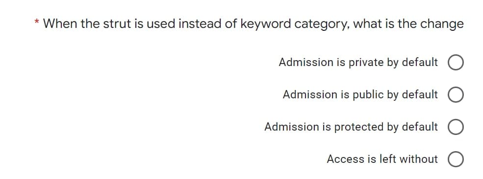 * When the strut is used instead of keyword category, what is the change
Admission is private by default
Admission is public by default
Admission is protected by default
Access is left without O