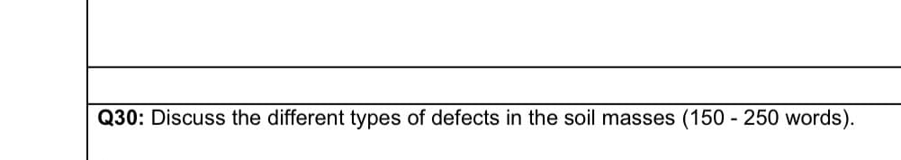 Q30: Discuss the different types of defects in the soil masses (150 - 250 words).