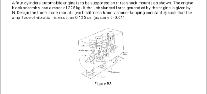 A four cylinders automobile engine is to be supported on three shock mounts as shown. The engine
block a ssembly has a mass of 225 kg. If the unbalanced force generated by the engine is given by
N, Design the three shock mounts (each stiffness kand viscous-damping constant c) such that the
amplitude of vibration is less than 0.125 cm (assume E=0.01)
Figure B3
