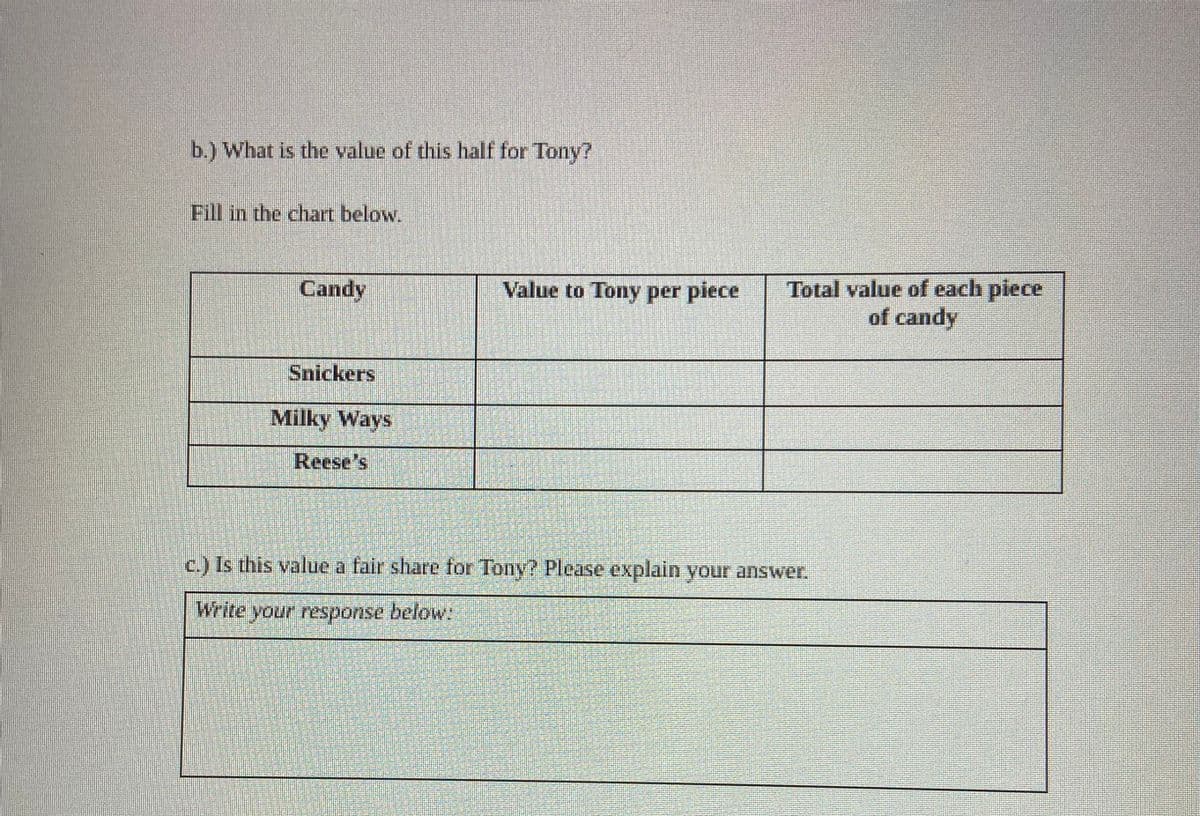 b.) What is the value of this half for Tony?
Fill in the chart below.
Candy
Snickers
Milky Ways
Reese's
Value to Tony per piece
Total value of each piece
of candy
c.) Is this value a fair share for Tony? Please explain your answer.
Write your response below: