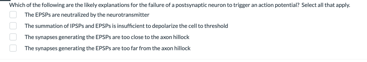 **Possible Reasons for a Postsynaptic Neuron's Failure to Trigger an Action Potential**

In the study of neuroscience, several factors can explain why a postsynaptic neuron fails to trigger an action potential. Understanding these factors is crucial for comprehending how neurons communicate and how this communication can sometimes fail. Below are the likely explanations:

1. **Neutralization of EPSPs**
   - The excitatory postsynaptic potentials (EPSPs) are neutralized by neurotransmitters. This means the neurotransmitter might inhibit the needed increase in membrane potential, thus preventing the neuron from reaching the threshold to trigger an action potential.

2. **Insufficient Summation of IPSPs and EPSPs**
   - The summation of inhibitory postsynaptic potentials (IPSPs) and EPSPs is insufficient to depolarize the cell to the threshold level required for an action potential to occur. This suggests a balance or imbalance between the inhibitory and excitatory signals that the neuron receives, affecting its ability to fire.

3. **Proximity of Synapses to the Axon Hillock**
   - The synapses generating the EPSPs are too close to the axon hillock. This can lead to ineffective spatial summation where the proximity to the axon hillock means the potentials decay before reaching a threshold voltage.

4. **Distance of Synapses from the Axon Hillock**
   - The synapses generating the EPSPs are too far from the axon hillock. Here, the degradation of the EPSP due to the long distance it must travel could prevent the membrane potential from reaching the necessary threshold for action potential initiation.

Understanding these factors provides insight into the complexity of neuronal communication and the various elements that can influence the generation of an action potential.