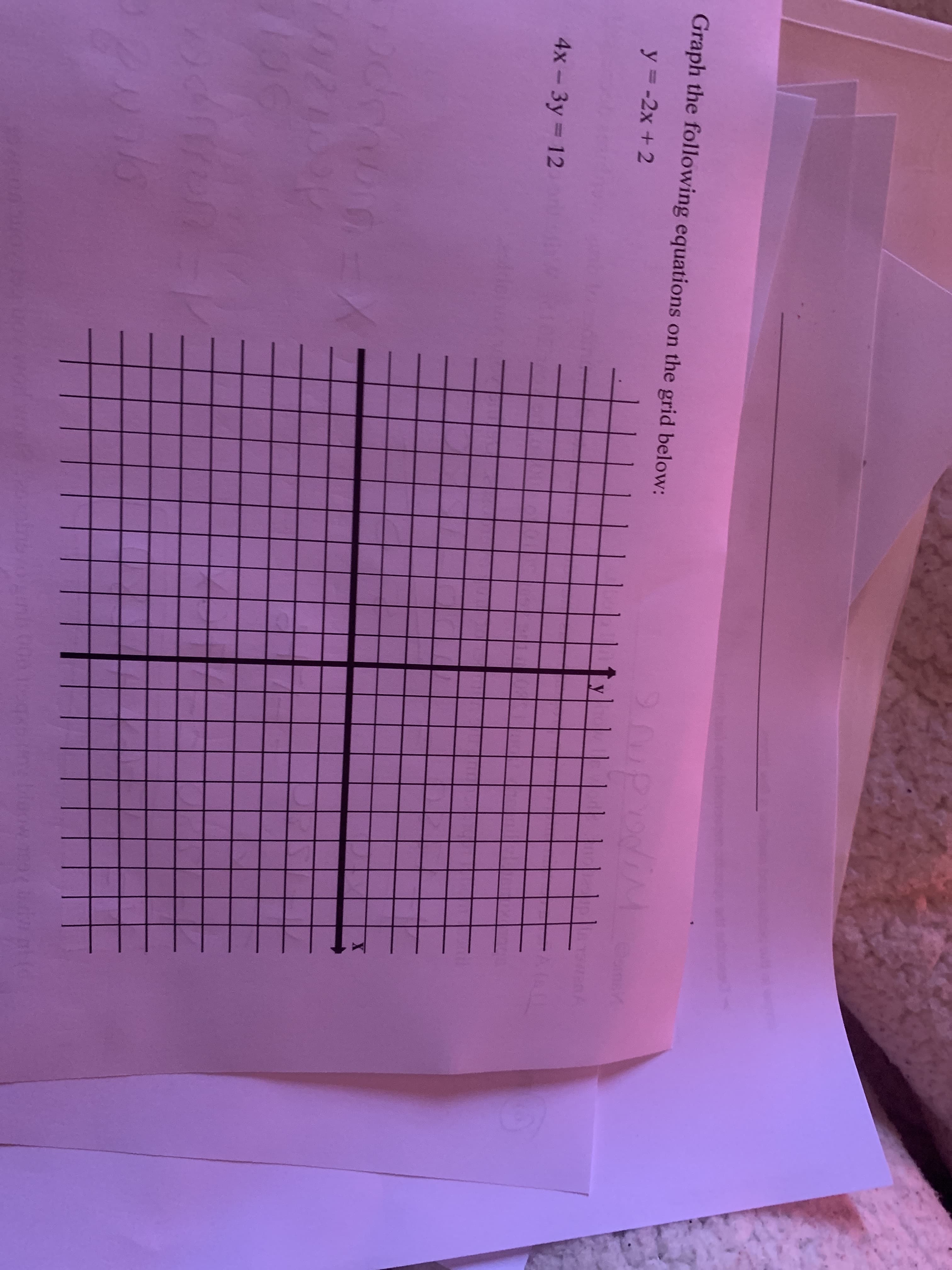 Graph the following equations on the grid below:
200poiM
CamaY
y = -2x + 2
4x-3y 12
