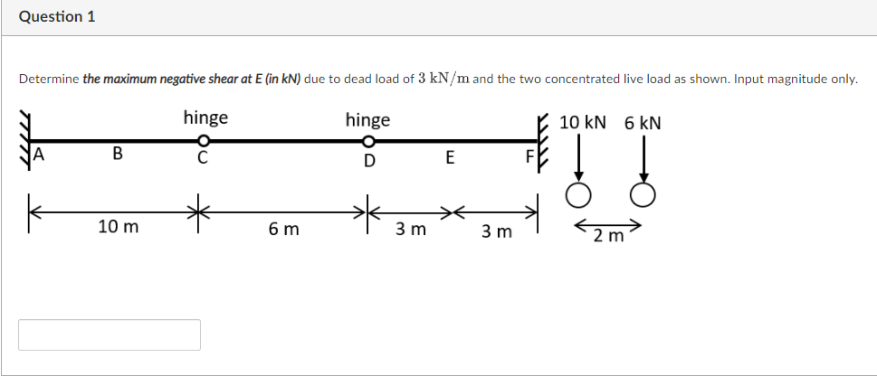 Question 1
Determine the maximum negative shear at E (in kN) due to dead load of 3 kN/m and the two concentrated live load as shown. Input magnitude only.
hinge
hinge
r. 10 kN 6 kN
C
E
10 m
6 m
3 m
3 m
2 m
