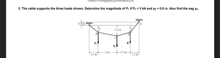 3. The cable supports the three loads shown. Determine the magnitude of P, If P: = 3 kN and yo = 0.8 m. Also find the sag yo.
04 m
14 m
1.2 m
1.2 m
