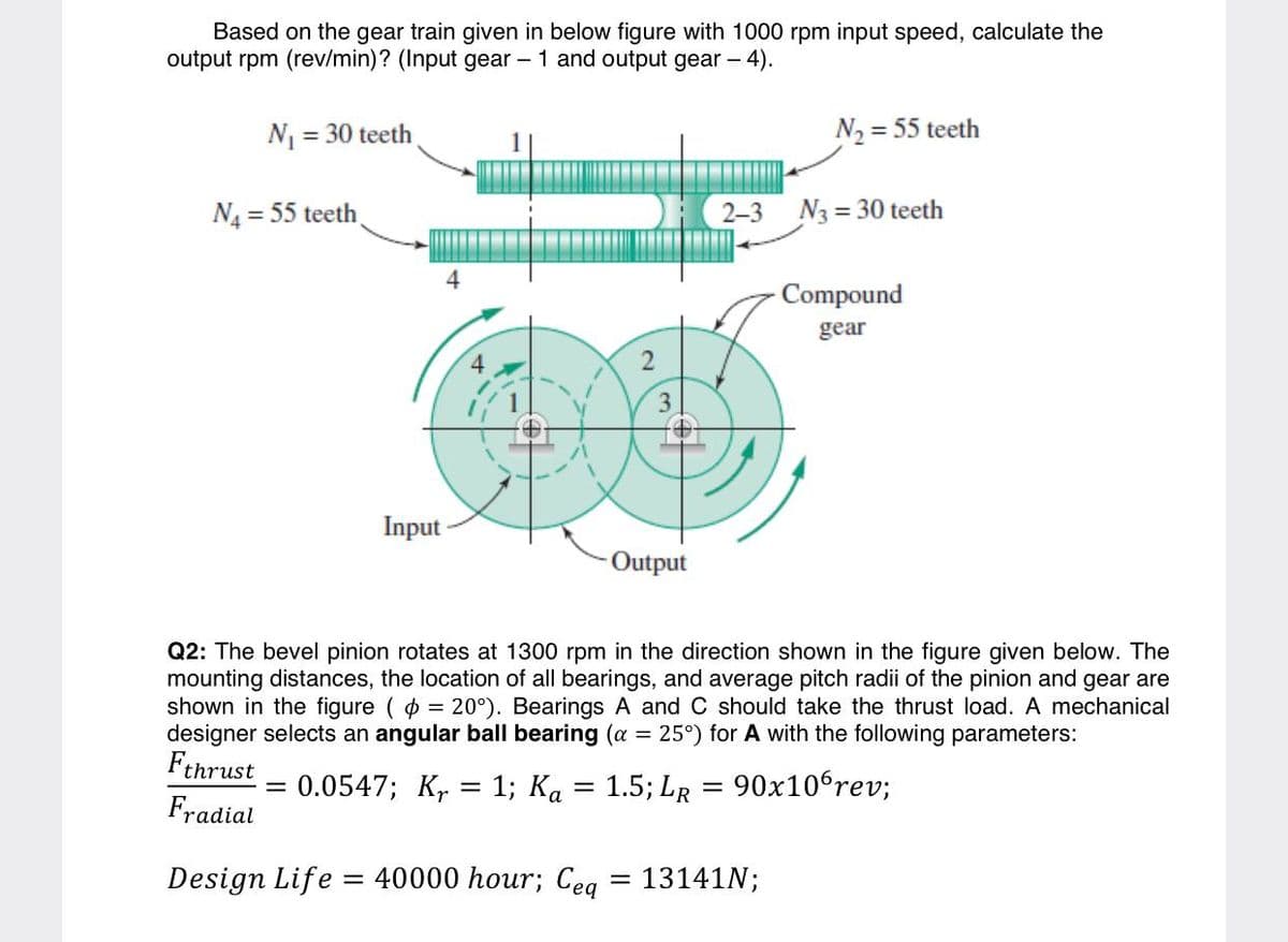 Based on the gear train given in below figure with 1000 rpm input speed, calculate the
output rpm (rev/min)? (Input gear - 1 and output gear - 4).
N = 30 teeth
N2 = 55 teeth
%3D
N4 = 55 teeth
2-3 N3 = 30 teeth
4
- Compound
gear
Input
Output
Q2: The bevel pinion rotates at 1300 rpm in the direction shown in the figure given below. The
mounting distances, the location of all bearings, and average pitch radii of the pinion and gear are
shown in the figure ( = 20°). Bearings A and C should take the thrust load. A mechanical
designer selects an angular ball bearing (a = 25°) for A with the following parameters:
Fthrust
0.0547; K, = 1; Ka = 1.5; LR = 90x10°rev;
Fradial
Design Life = 40000 hour; Ceg = 13141N;
2.
