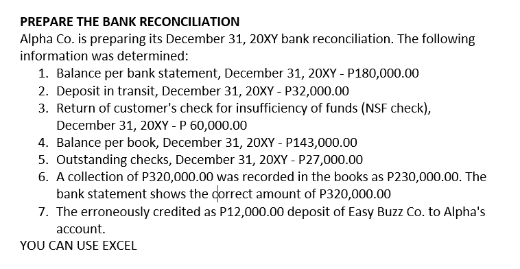 PREPARE THE BANK RECONCILIATION
Alpha Co. is preparing its December 31, 20XY bank reconciliation. The following
information was determined:
1. Balance per bank statement, December 31, 20XY - P180,000.00
2. Deposit in transit, December 31, 20XY - P32,000.00
3. Return of customer's check for insufficiency of funds (NSF check),
December 31, 20XY - P 60,000.00
4. Balance per book, December 31, 20XY - P143,000.00
5. Outstanding checks, December 31, 20XY - P27,000.00
6. A collection of P320,000.00 was recorded in the books as P230,000.00. The
bank statement shows the correct amount of P320,000.00
7. The erroneously credited as P12,000.00 deposit of Easy Buzz Co. to Alpha's
account.
YOU CAN USE EXCEL