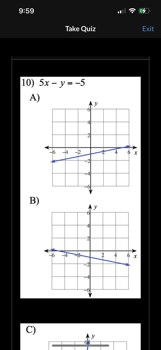 9:59
10) 5x - y = -5
A)
B)
Take Quiz
Ô
--4 -2
4
y
Exit