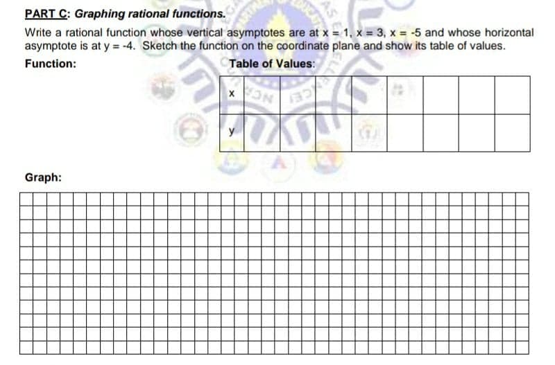 PART C: Graphing rational functions.
Write a rational function whose vertical asymptotes are at x = 1, x = 3, x = -5 and whose horizontal
asymptote is at y = -4. Sketch the function on the coordinate plane and show its table of values.
Table of Values:
Function:
eCE
NCA
Graph:
